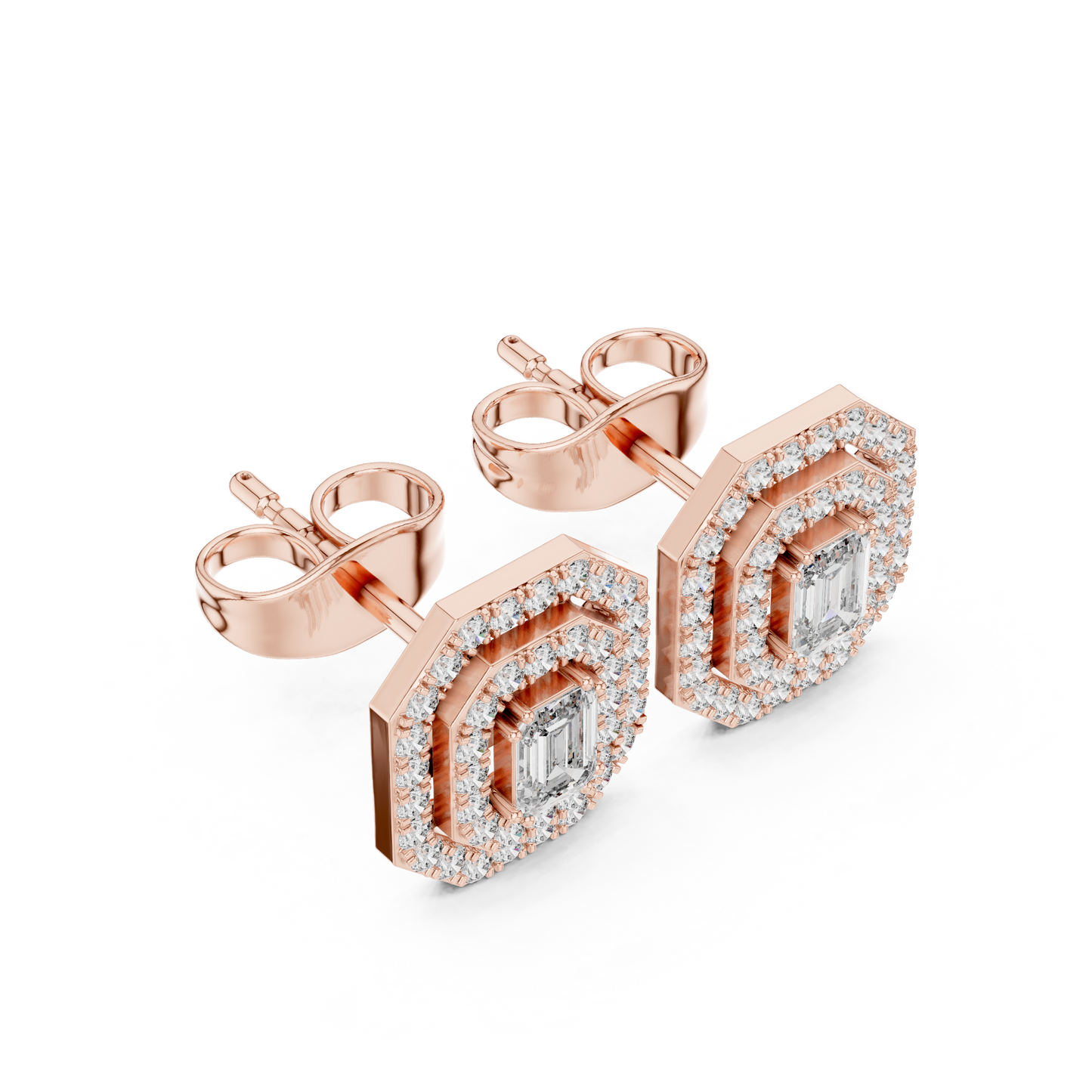 Emerald-Cut Diamond Halo Stud Earrings | Available in Gold, Silver & Platinum