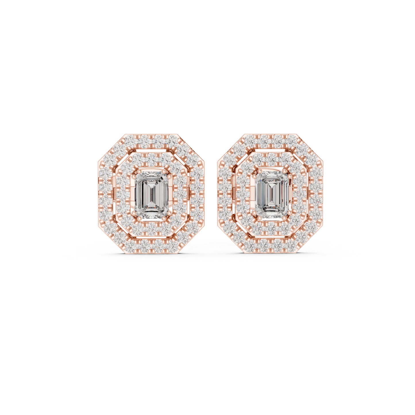 Emerald-Cut Diamond Halo Stud Earrings | Available in Gold, Silver & Platinum