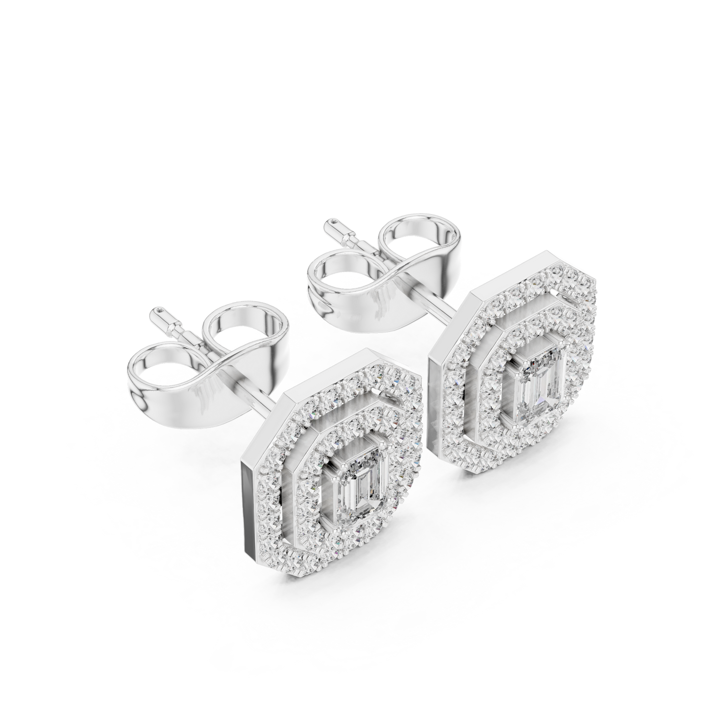 Emerald-Cut Diamond Halo Stud Earrings | Available in Gold, Silver & Platinum