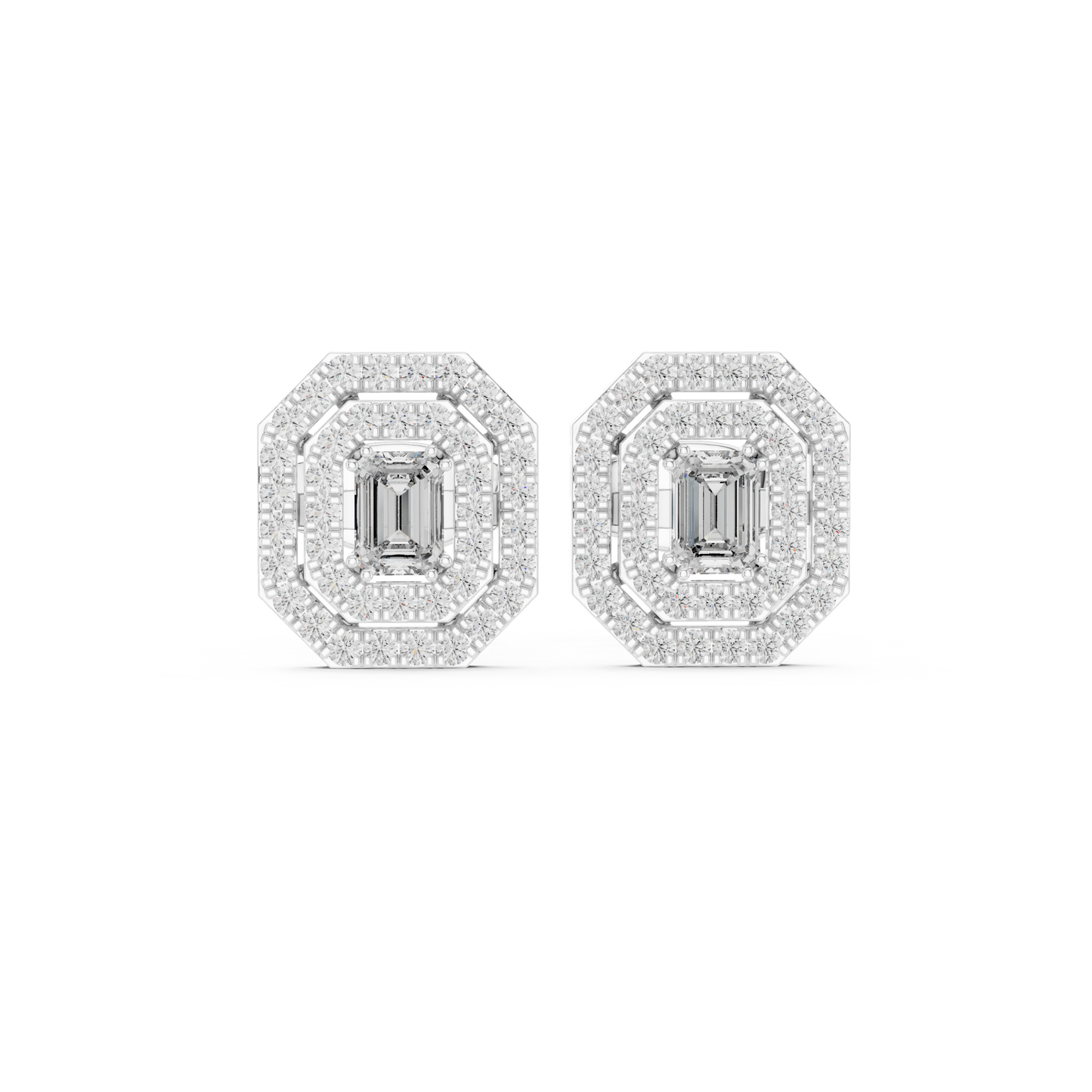 Emerald-Cut Diamond Halo Stud Earrings | Available in Gold, Silver & Platinum