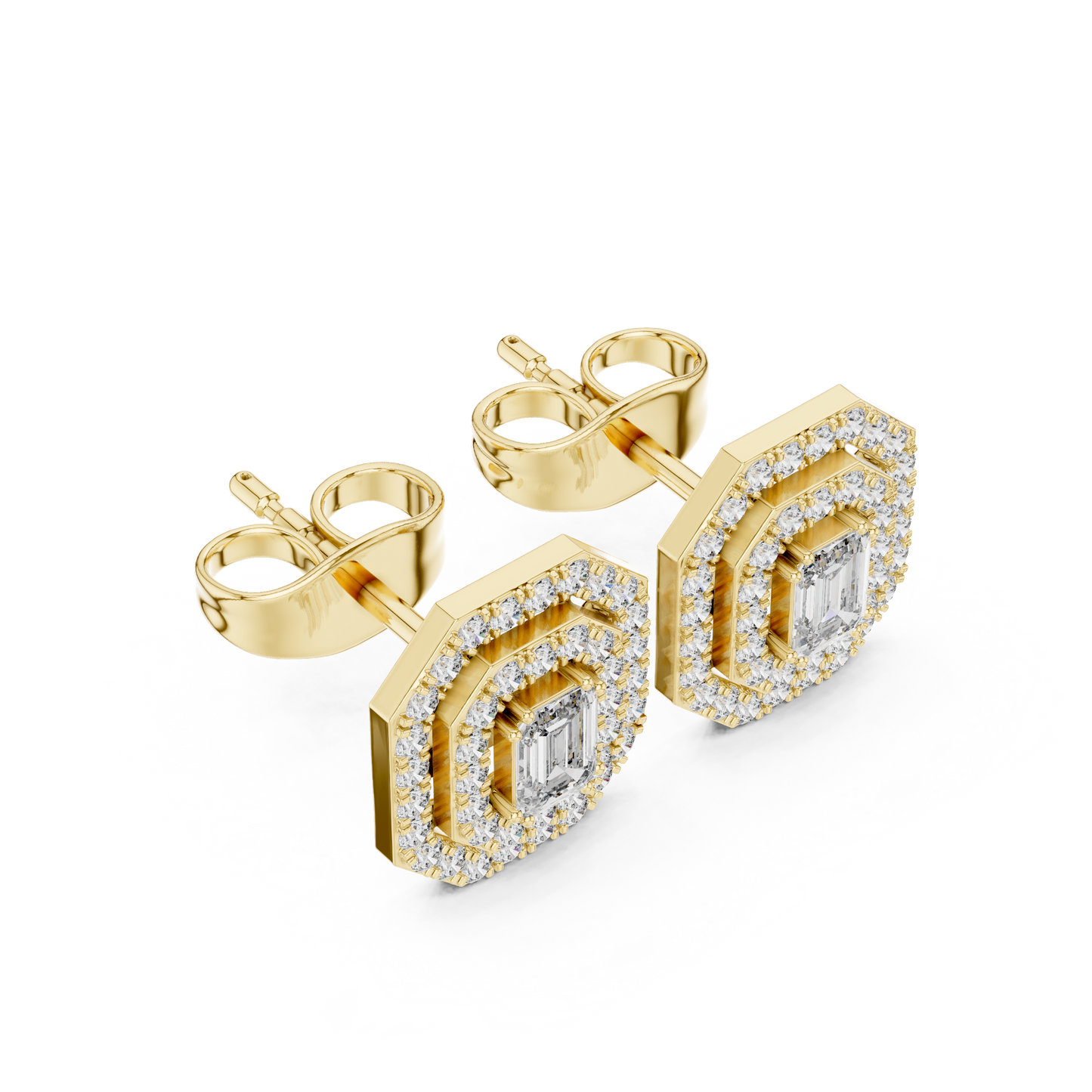 Emerald-Cut Diamond Halo Stud Earrings | Available in Gold, Silver & Platinum
