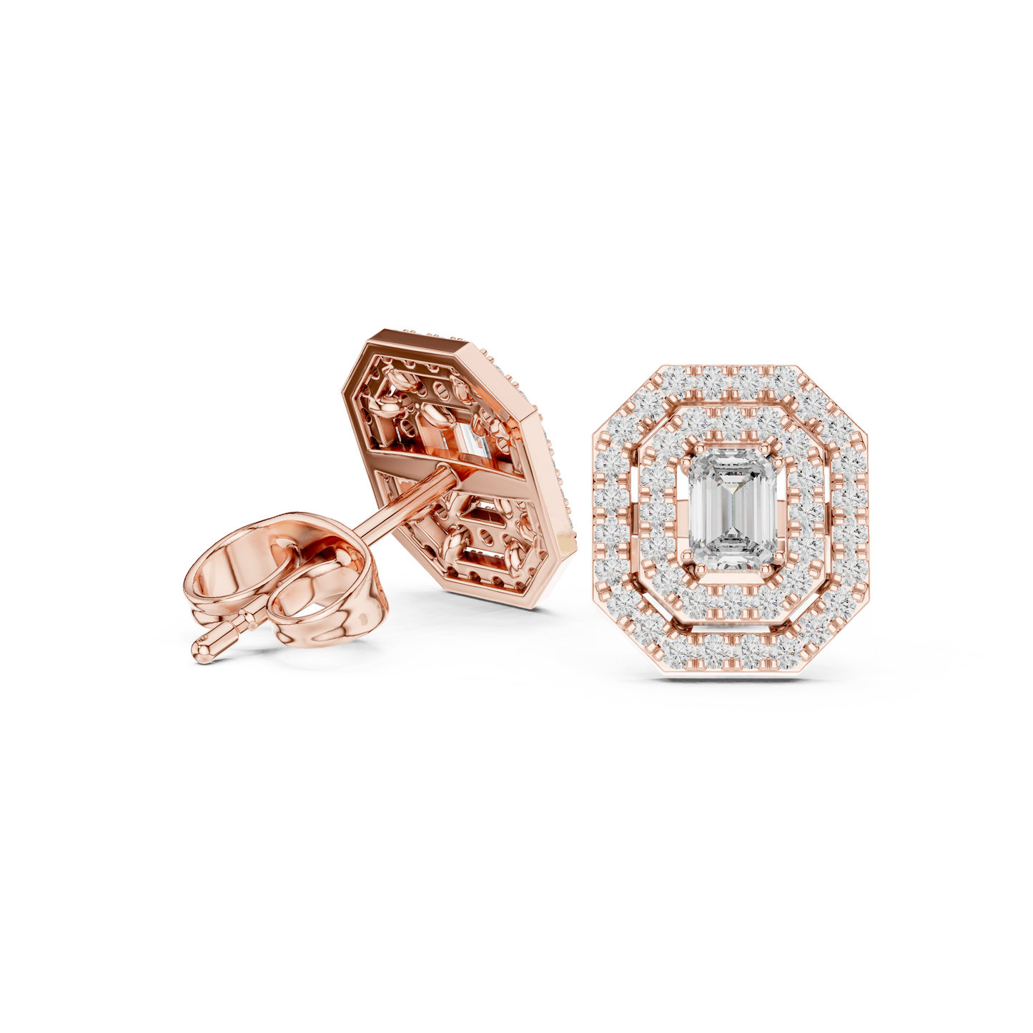 Emerald-Cut Diamond Halo Stud Earrings | Available in Gold, Silver & Platinum