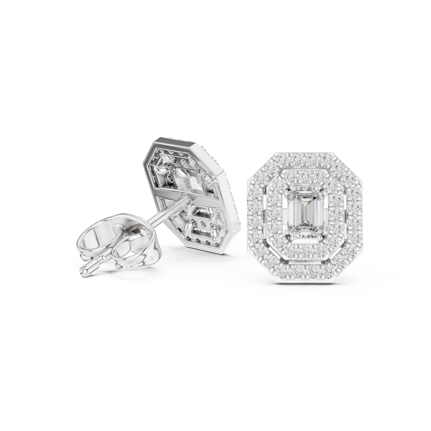 Emerald-Cut Diamond Halo Stud Earrings | Available in Gold, Silver & Platinum