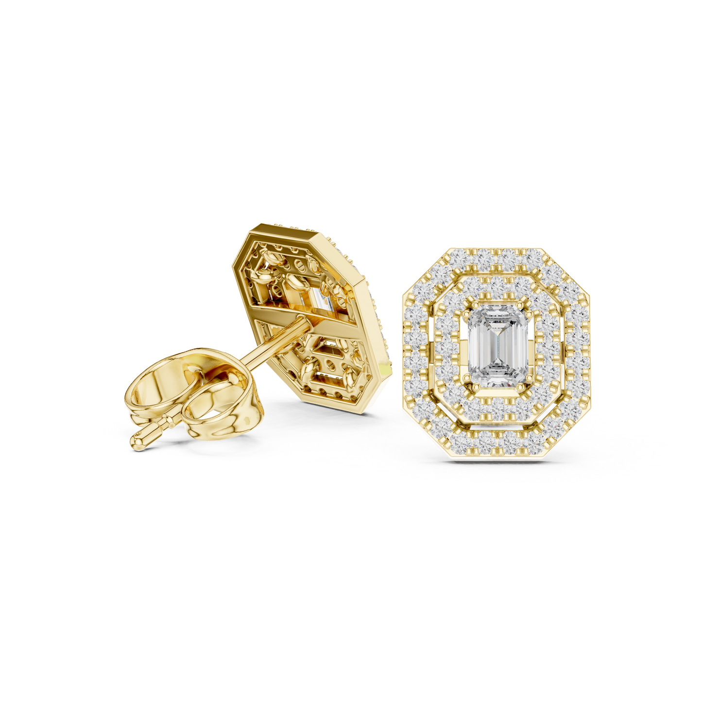 Emerald-Cut Diamond Halo Stud Earrings | Available in Gold, Silver & Platinum