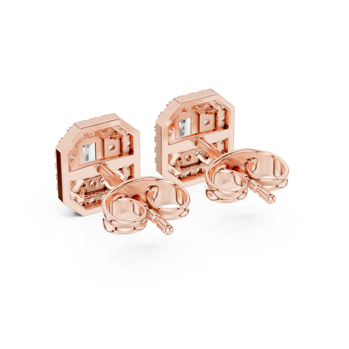 Double Halo Emerald-Cut Diamond Stud Earrings | Elegant Geometric Design