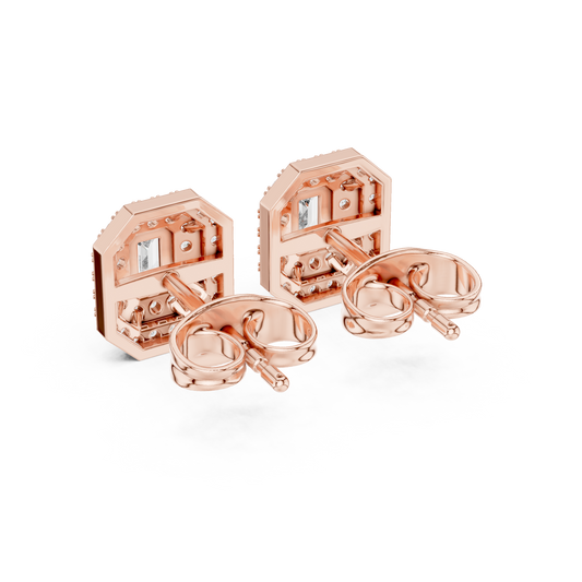 Double Halo Emerald-Cut Diamond Stud Earrings | Elegant Geometric Design