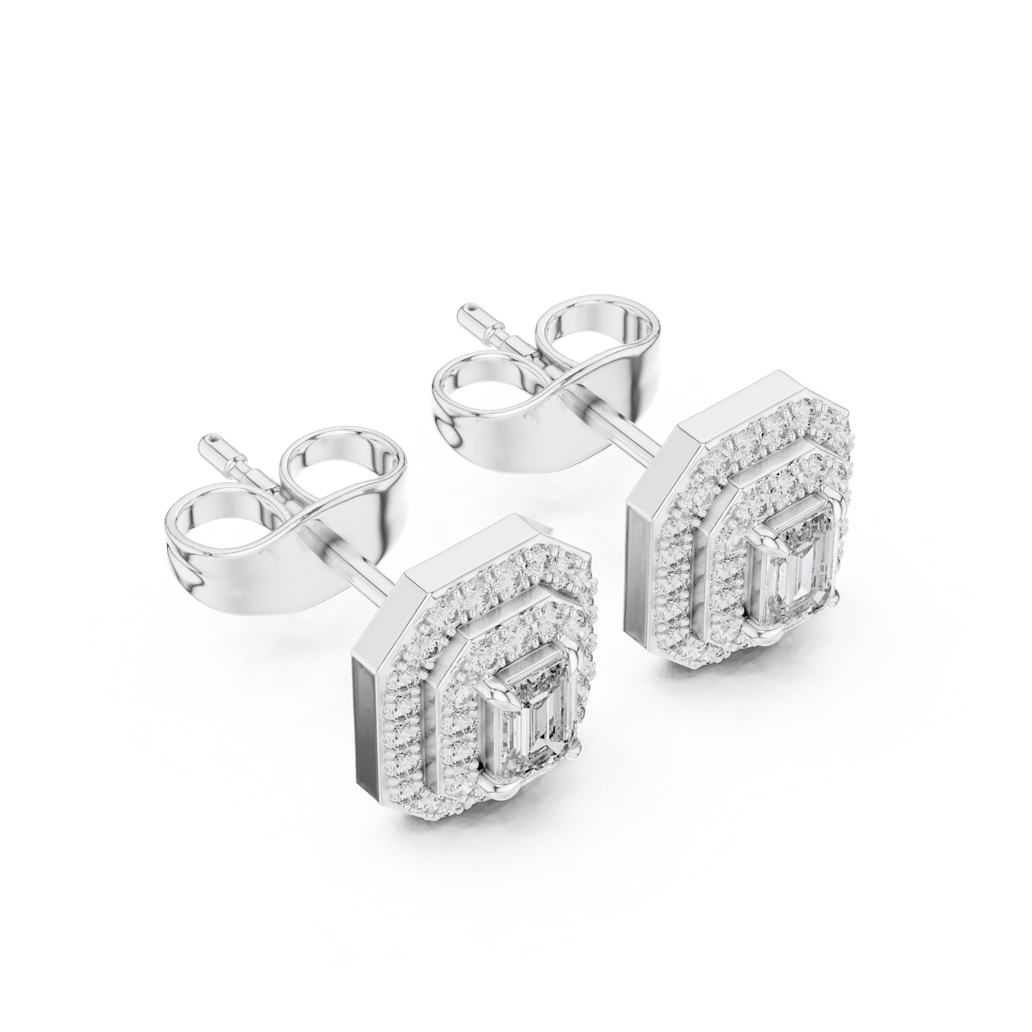 Double Halo Emerald-Cut Diamond Stud Earrings | Elegant Geometric Design