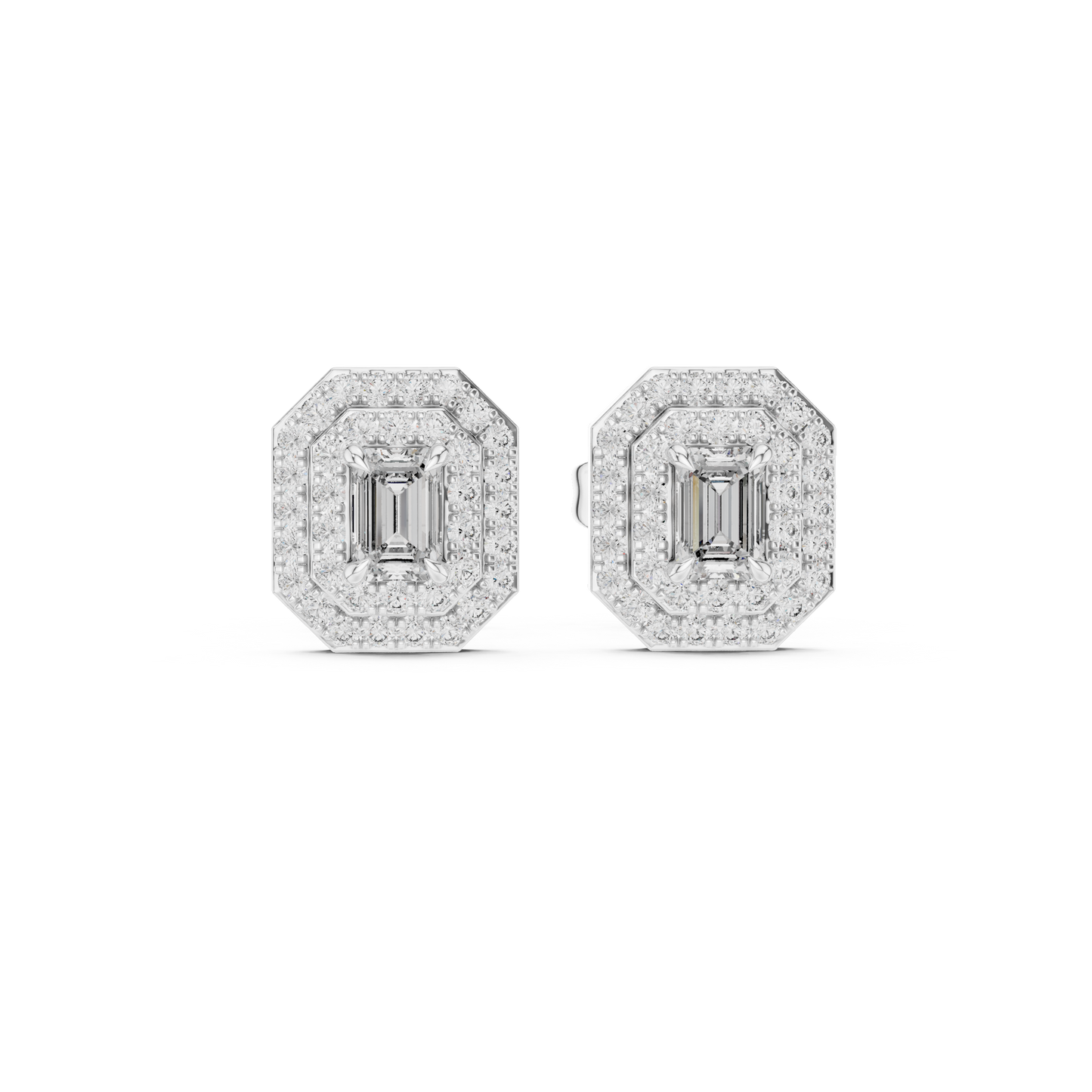 Double Halo Emerald-Cut Diamond Stud Earrings | Elegant Geometric Design