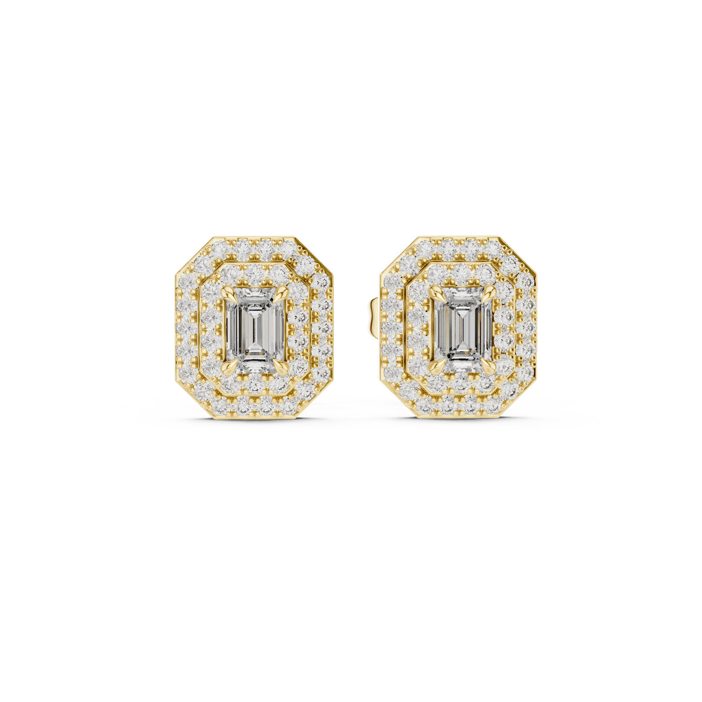 Double Halo Emerald-Cut Diamond Stud Earrings | Elegant Geometric Design