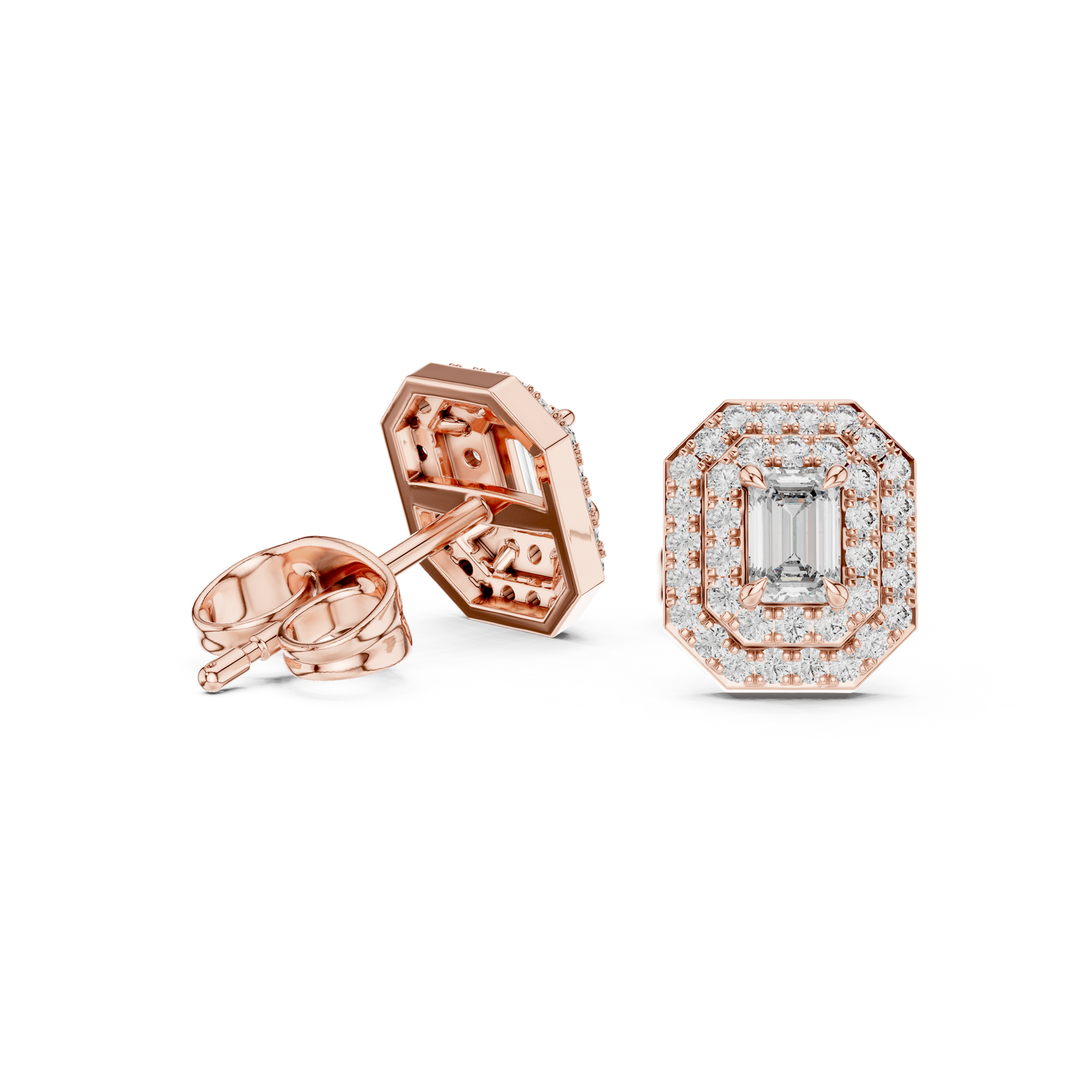 Double Halo Emerald-Cut Diamond Stud Earrings | Elegant Geometric Design