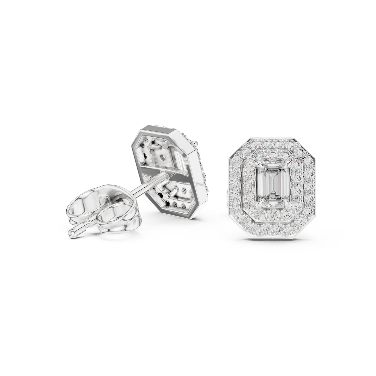 Double Halo Emerald-Cut Diamond Stud Earrings | Elegant Geometric Design