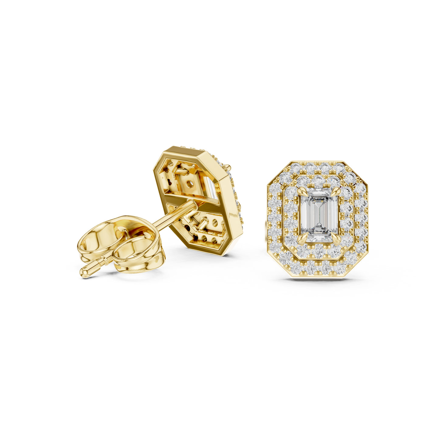Double Halo Emerald-Cut Diamond Stud Earrings | Elegant Geometric Design