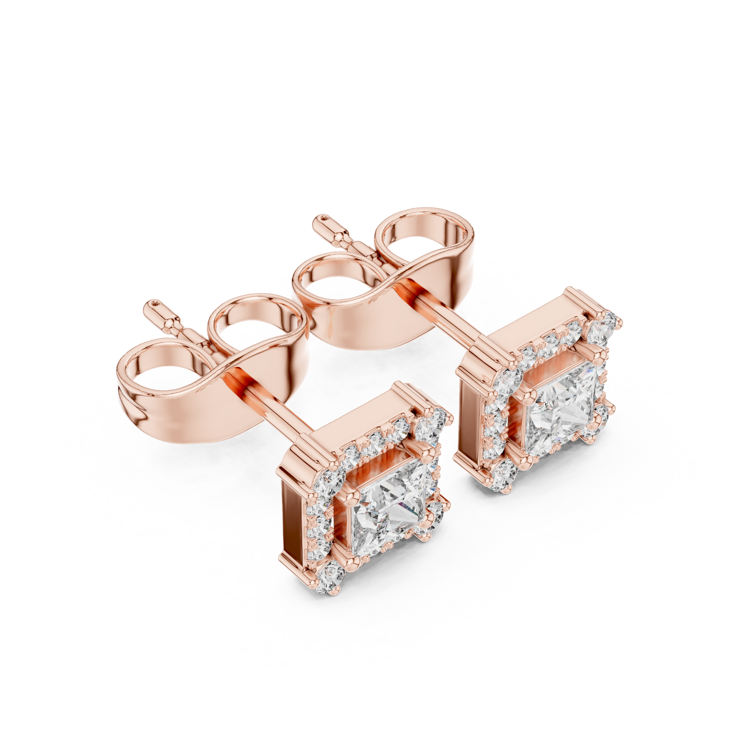Princess-Cut Diamond Halo Stud Earrings | Classic Square Design