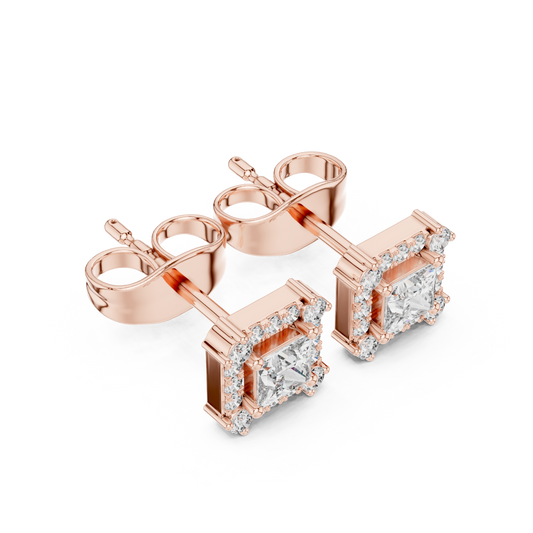 Princess-Cut Diamond Halo Stud Earrings | Classic Square Design