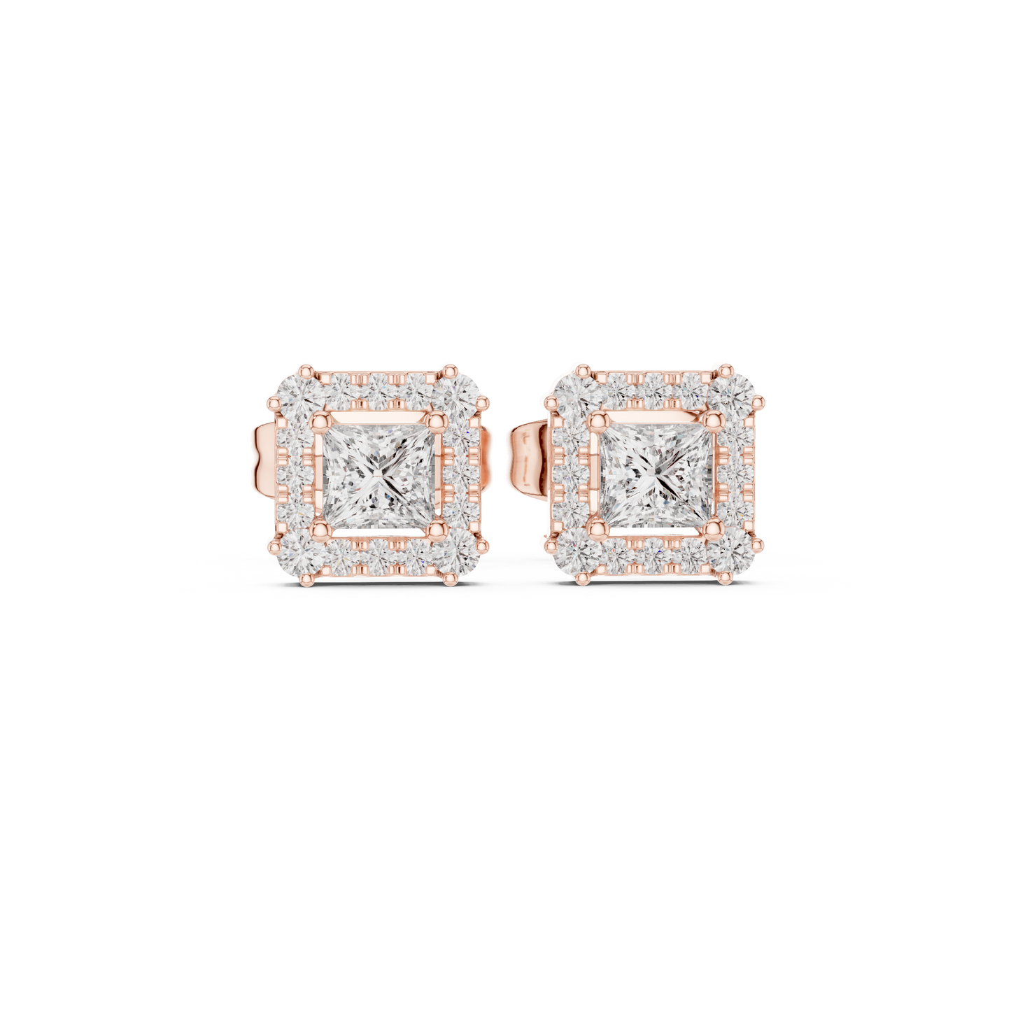 Princess-Cut Diamond Halo Stud Earrings | Classic Square Design