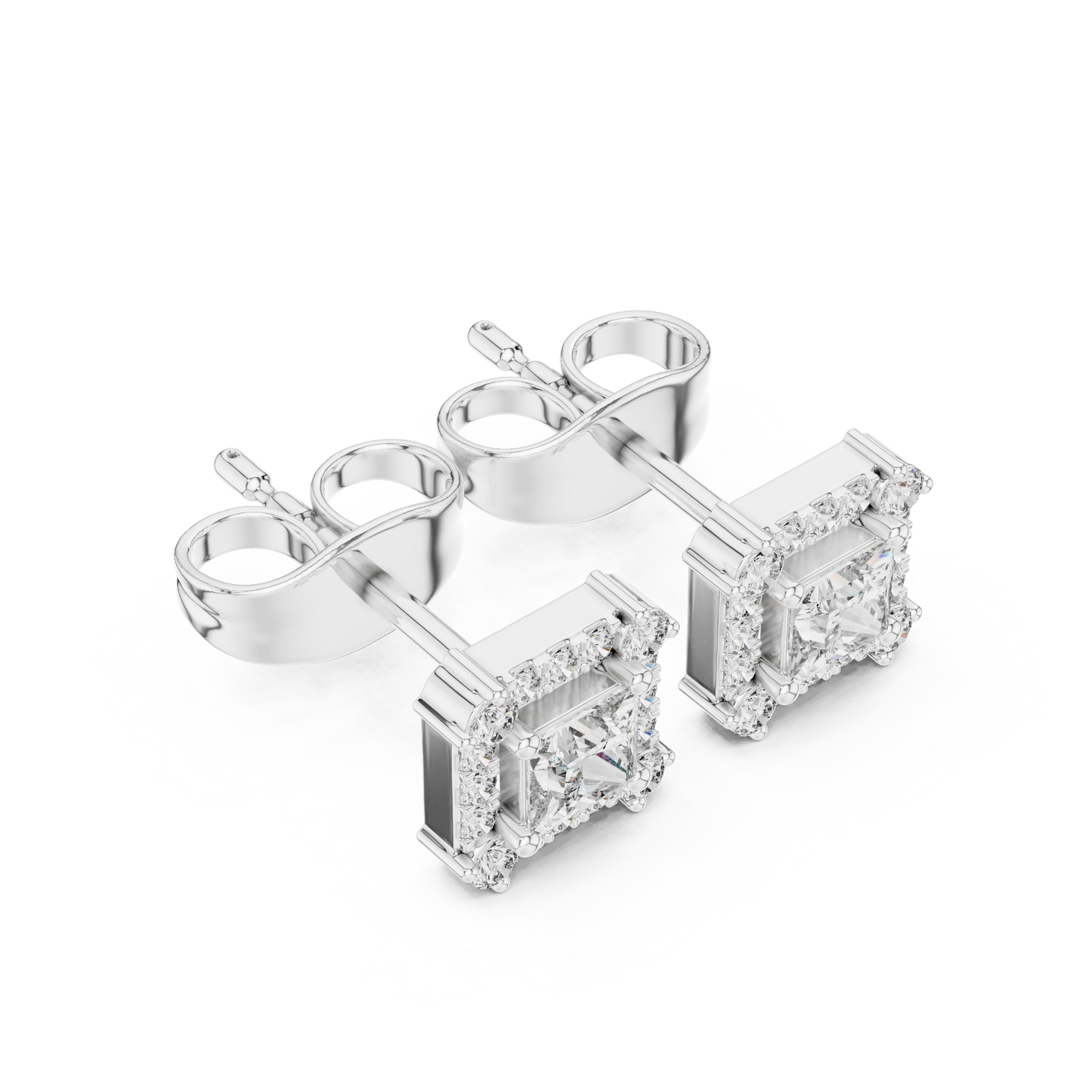 Princess-Cut Diamond Halo Stud Earrings | Classic Square Design