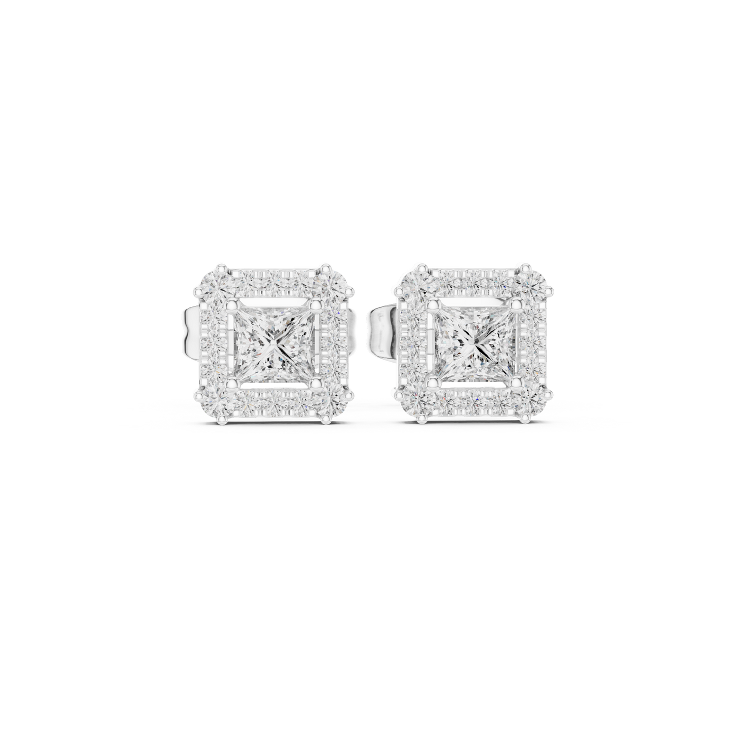 Princess-Cut Diamond Halo Stud Earrings | Classic Square Design