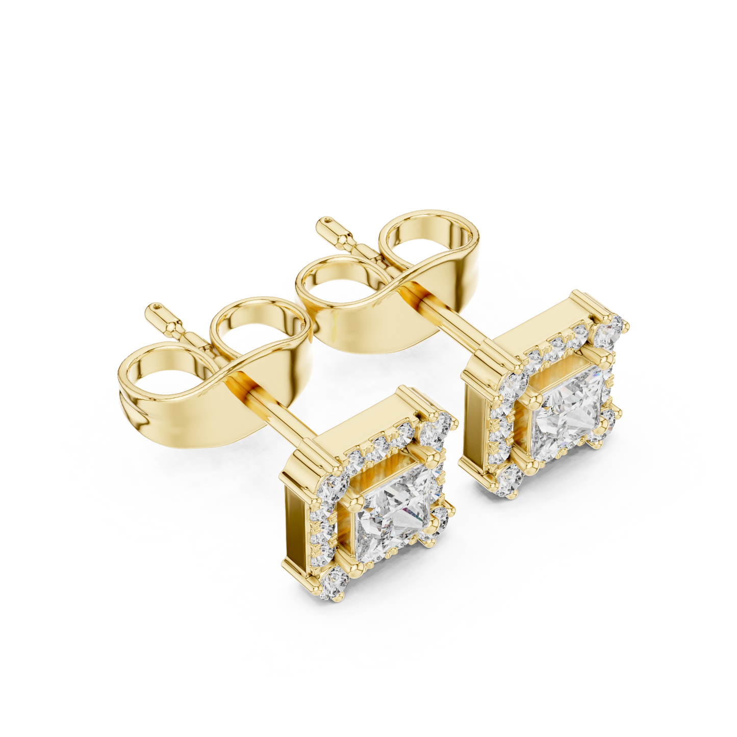 Princess-Cut Diamond Halo Stud Earrings | Classic Square Design