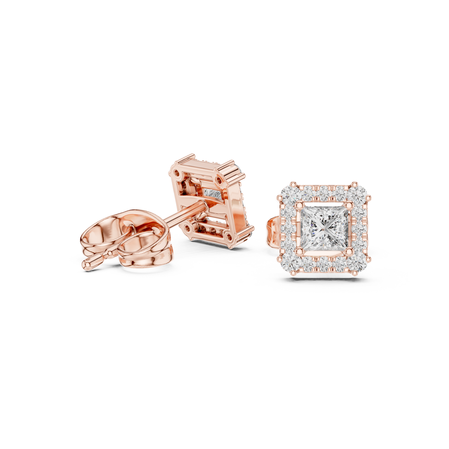 Princess-Cut Diamond Halo Stud Earrings | Classic Square Design