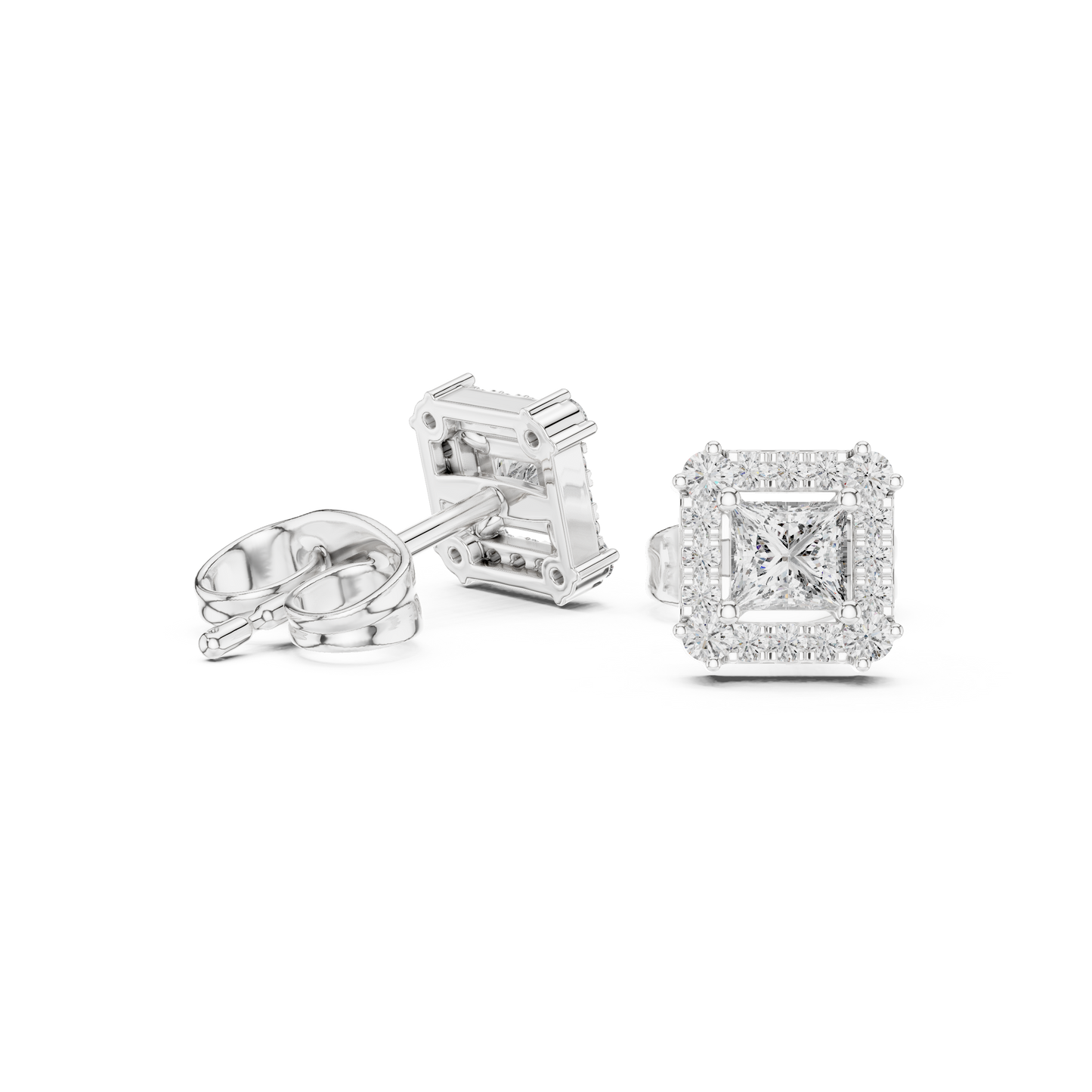 Princess-Cut Diamond Halo Stud Earrings | Classic Square Design