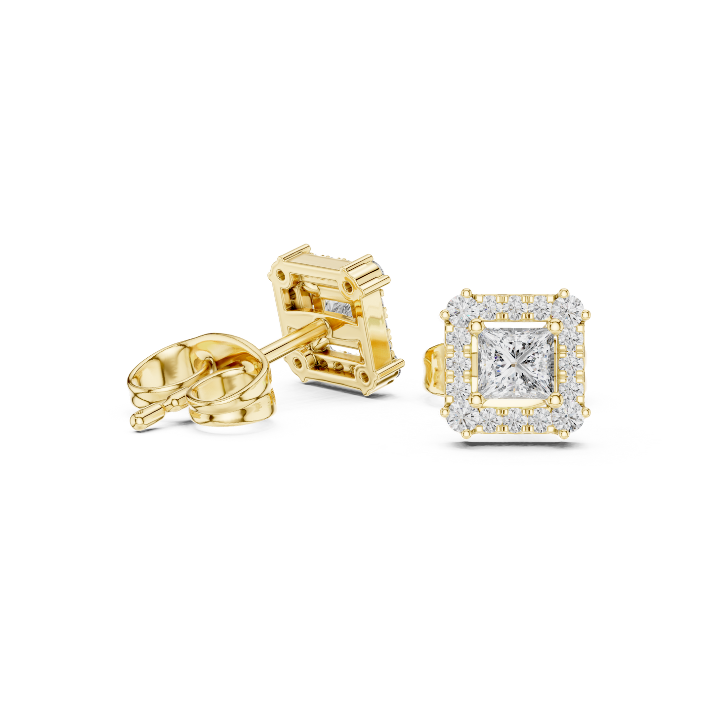 Princess-Cut Diamond Halo Stud Earrings | Classic Square Design