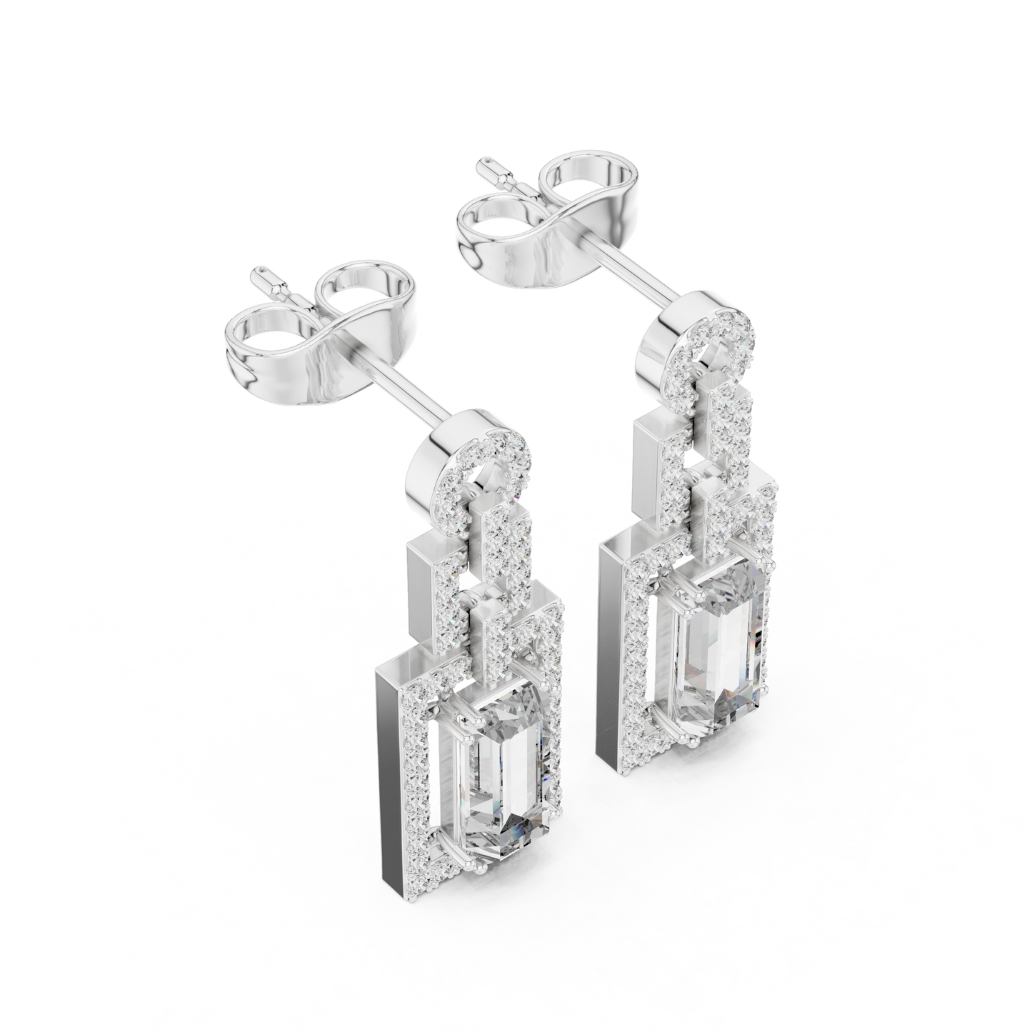 Art Deco Emerald Cut Drop Earrings | Geometric Diamond Dangles