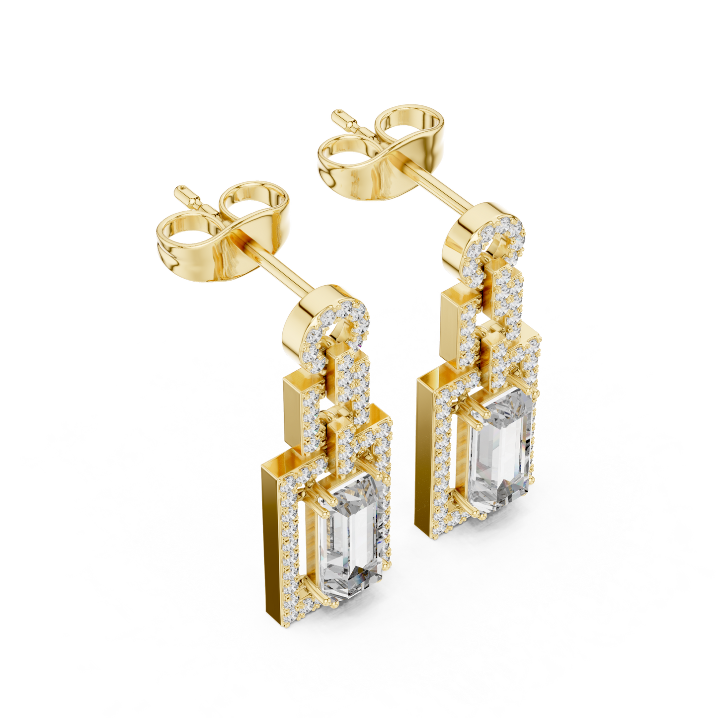 Art Deco Emerald Cut Drop Earrings | Geometric Diamond Dangles