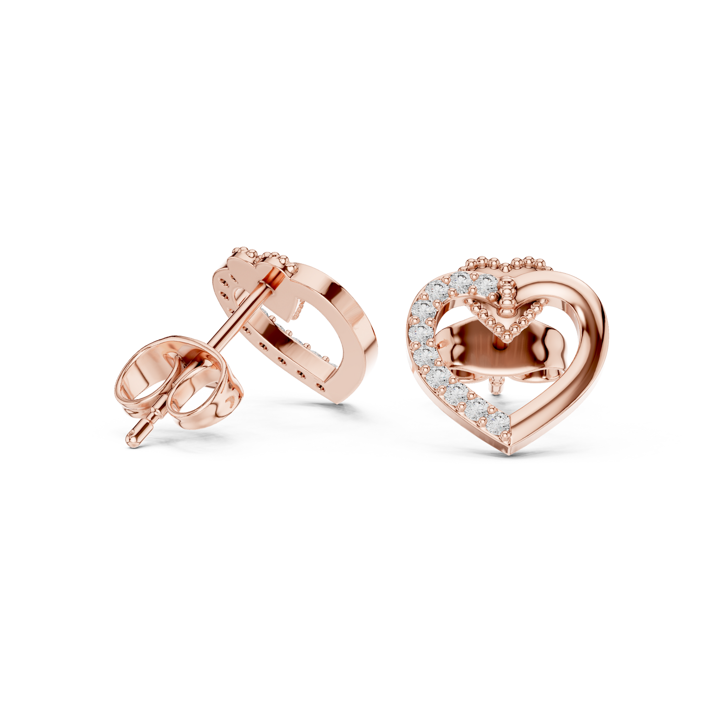 Diamond Heart Stud Earrings with Bow Accent – Rose Gold Finish