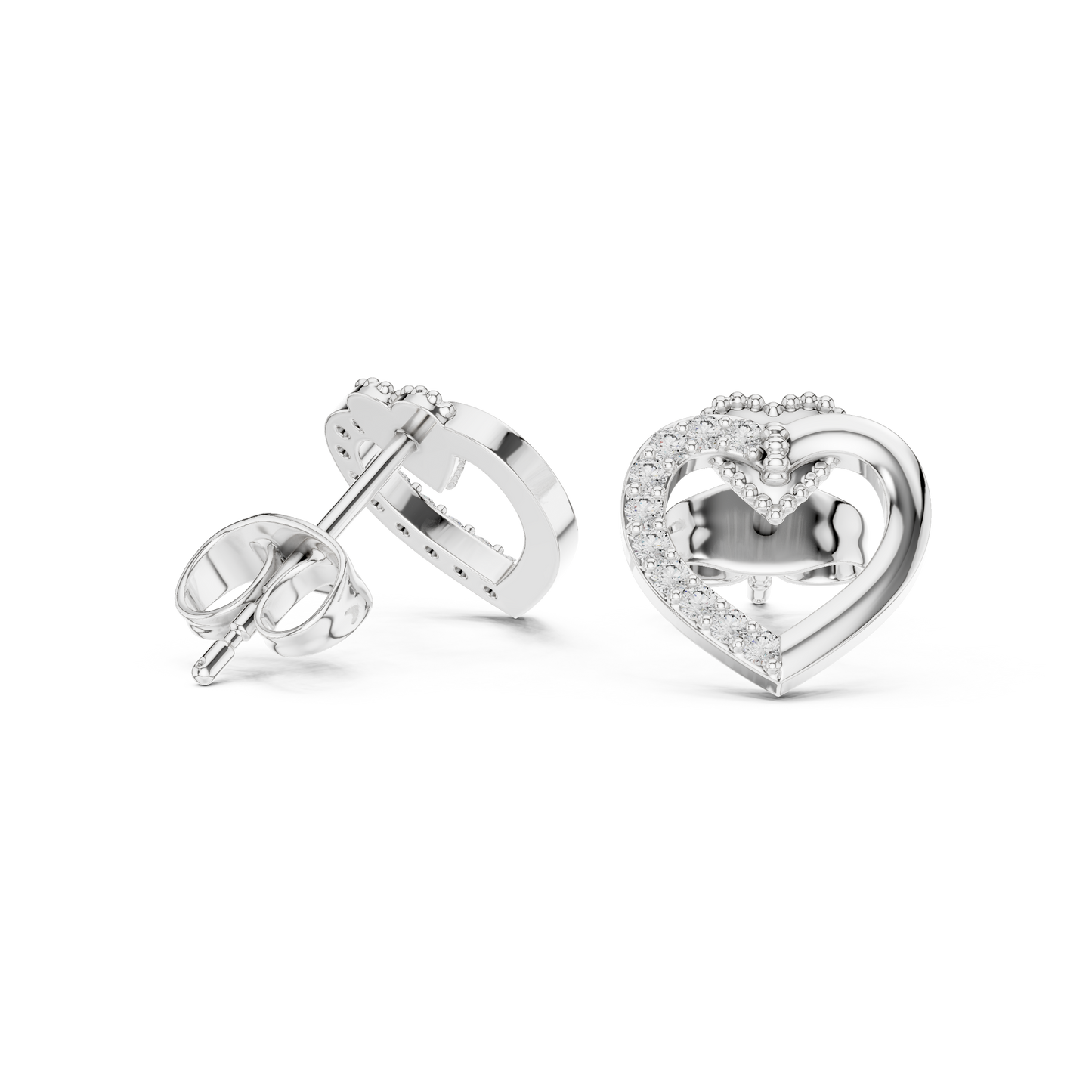 Diamond Heart Stud Earrings with Bow Accent – Rose Gold Finish