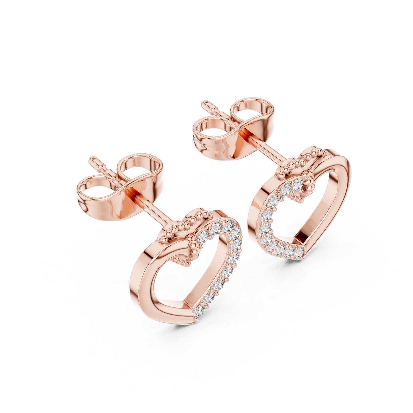 Diamond Heart Stud Earrings with Bow Accent – Rose Gold Finish