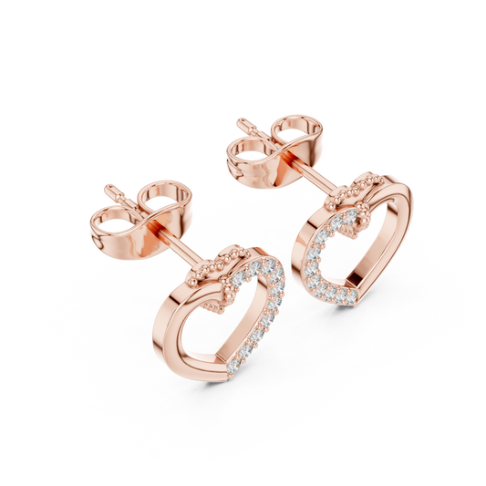 Diamond Heart Stud Earrings with Bow Accent – Rose Gold Finish
