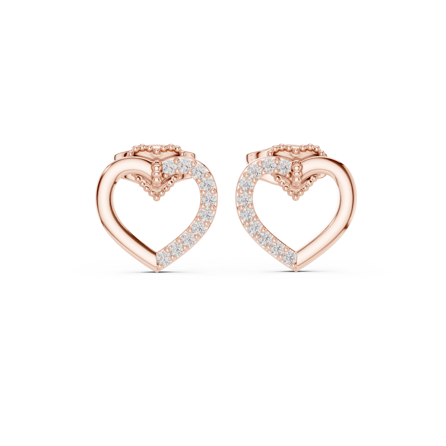 Diamond Heart Stud Earrings with Bow Accent – Rose Gold Finish