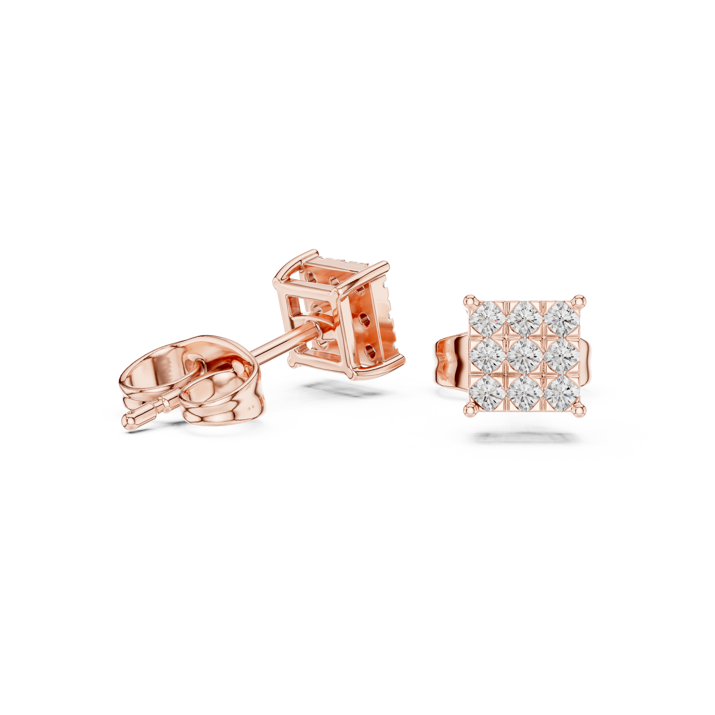 Princess-Cut Diamond Cluster Stud Earrings – Rose Gold Finish