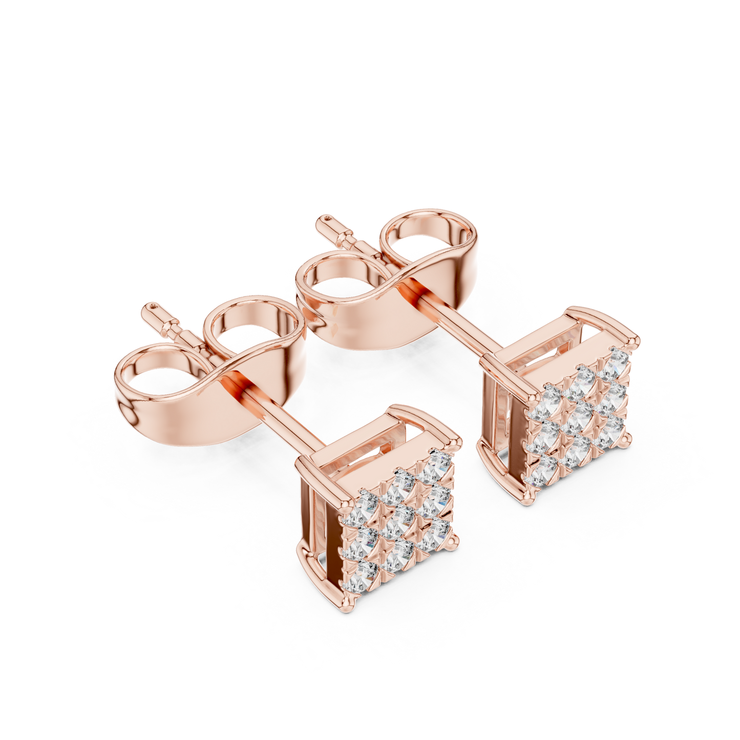 Princess-Cut Diamond Cluster Stud Earrings – Rose Gold Finish