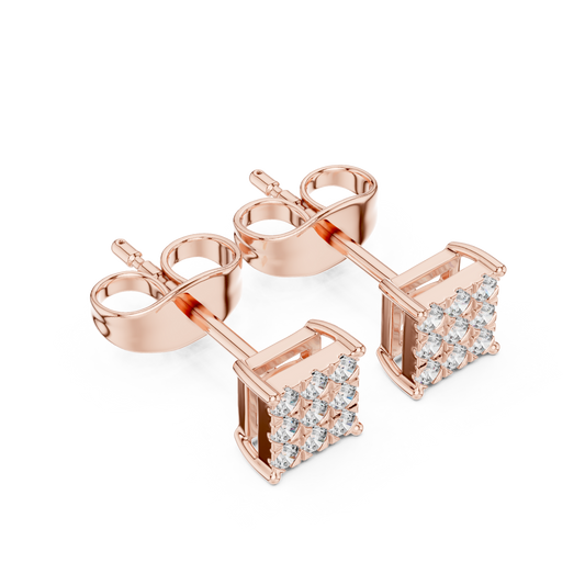 Princess-Cut Diamond Cluster Stud Earrings – Rose Gold Finish