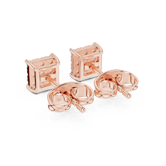 Princess-Cut Diamond Cluster Stud Earrings – Rose Gold Finish