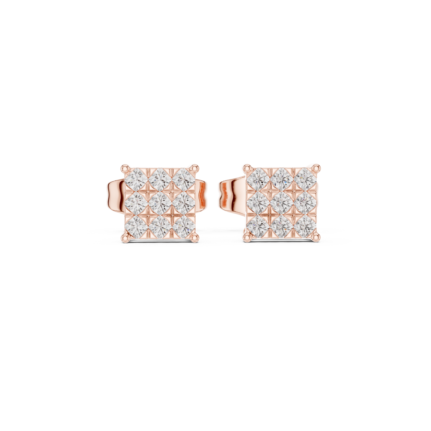 Princess-Cut Diamond Cluster Stud Earrings – Rose Gold Finish