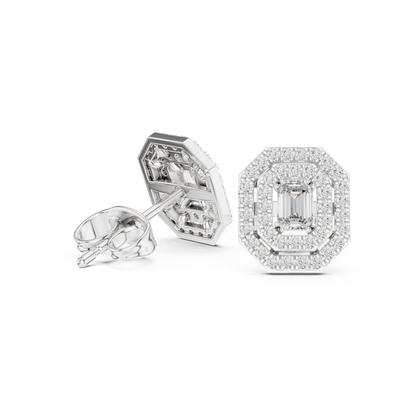 Emerald-Cut Diamond Halo Stud Earrings | Available in Gold, Silver & Platinum