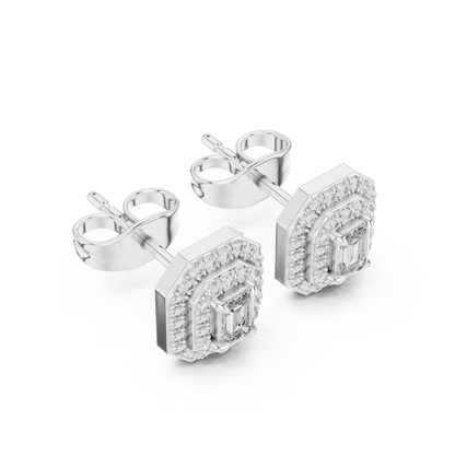 Double Halo Emerald-Cut Diamond Stud Earrings | Elegant Geometric Design