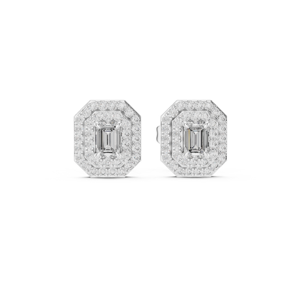 Double Halo Emerald-Cut Diamond Stud Earrings | Elegant Geometric Design