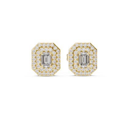 Double Halo Emerald-Cut Diamond Stud Earrings | Elegant Geometric Design