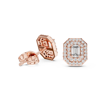 Double Halo Emerald-Cut Diamond Stud Earrings | Elegant Geometric Design