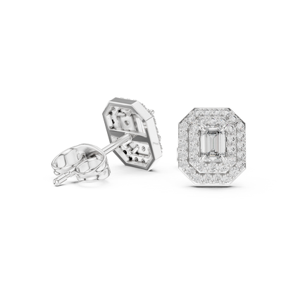 Double Halo Emerald-Cut Diamond Stud Earrings | Elegant Geometric Design