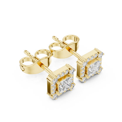 Princess-Cut Diamond Halo Stud Earrings | Classic Square Design