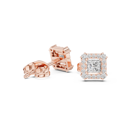 Princess-Cut Diamond Halo Stud Earrings | Classic Square Design