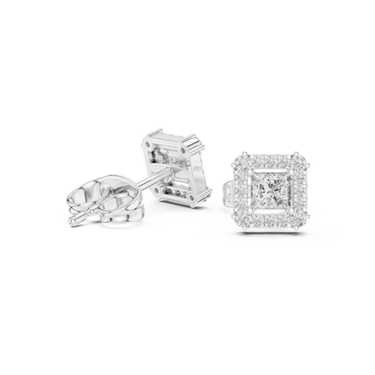 Princess-Cut Diamond Halo Stud Earrings | Classic Square Design