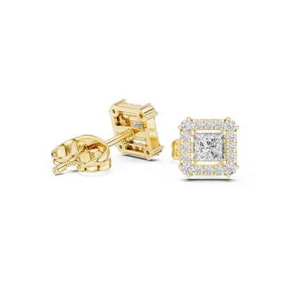 Princess-Cut Diamond Halo Stud Earrings | Classic Square Design