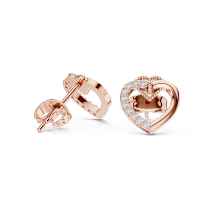 Diamond Heart Stud Earrings with Bow Accent – Rose Gold Finish