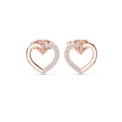 Diamond Heart Stud Earrings with Bow Accent – Rose Gold Finish