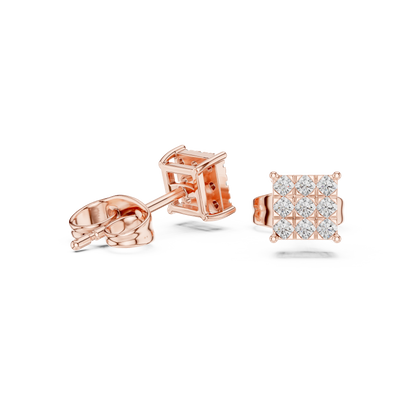 Princess-Cut Diamond Cluster Stud Earrings – Rose Gold Finish